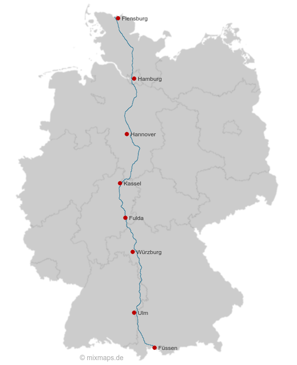 Verlauf der A7 auf der Deutschlandkarte