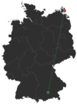 Karte: München und Binz auf Rügen auf der Deutschlandkarte