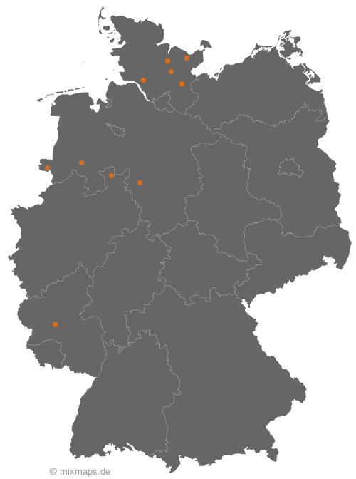 Karte: Ortsnamenverteilung von Städten und Gemeinden, die auf ...kamp enden