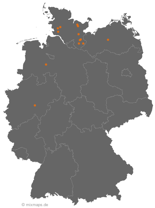 Karte: Ortsnamenverteilung von Städten und Gemeinden, die auf ...rade enden