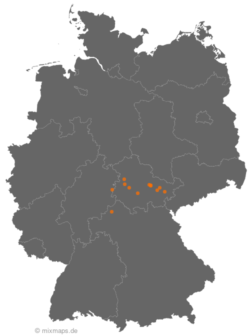 Karte: Ortsnamenverteilung von Städten und Gemeinden, die auf ...roda enden